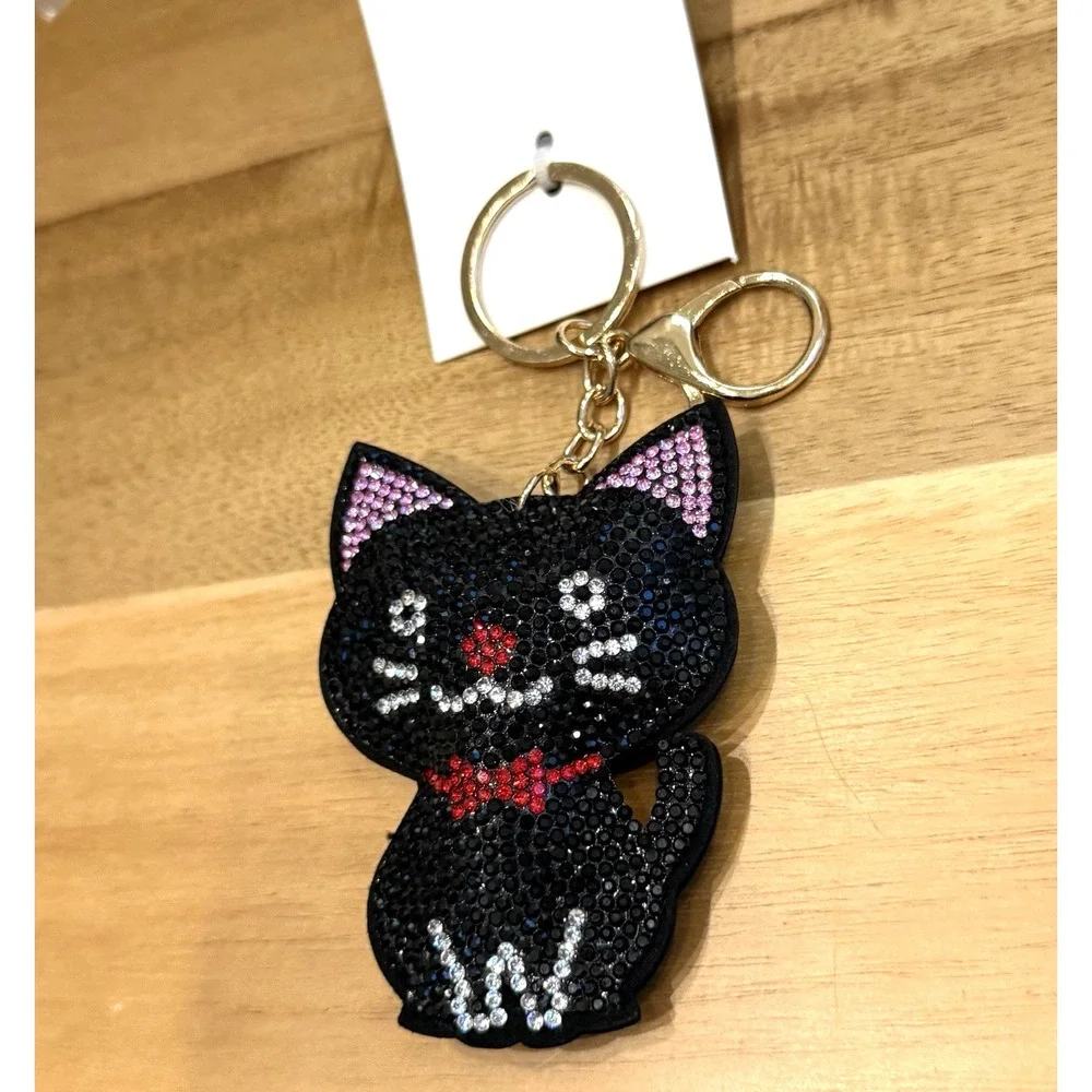 Black Cat Rhinestone Bling Faux Suede Stuffed Key Chain Charm Cat Lover Gift NEW